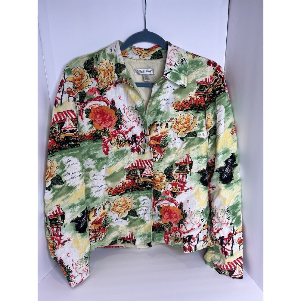 Coldwater Creek Floral Scenic Print Linen Blend Jacket XS Green Yellow Rose